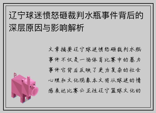 辽宁球迷愤怒砸裁判水瓶事件背后的深层原因与影响解析 辽宁球迷愤怒砸裁判水瓶事件背后的深层原因与影响解析
